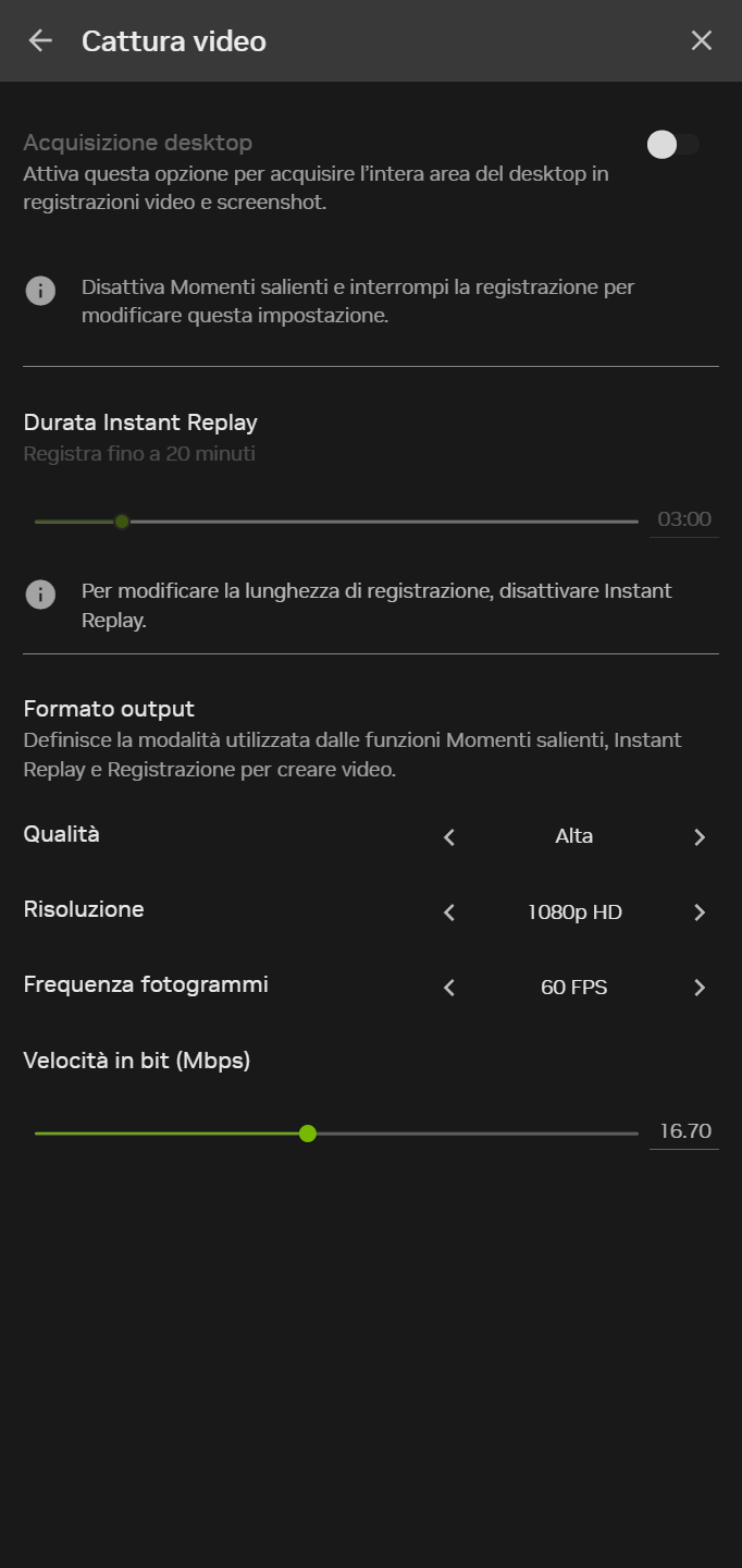 Impostazioni cattura video consigliate